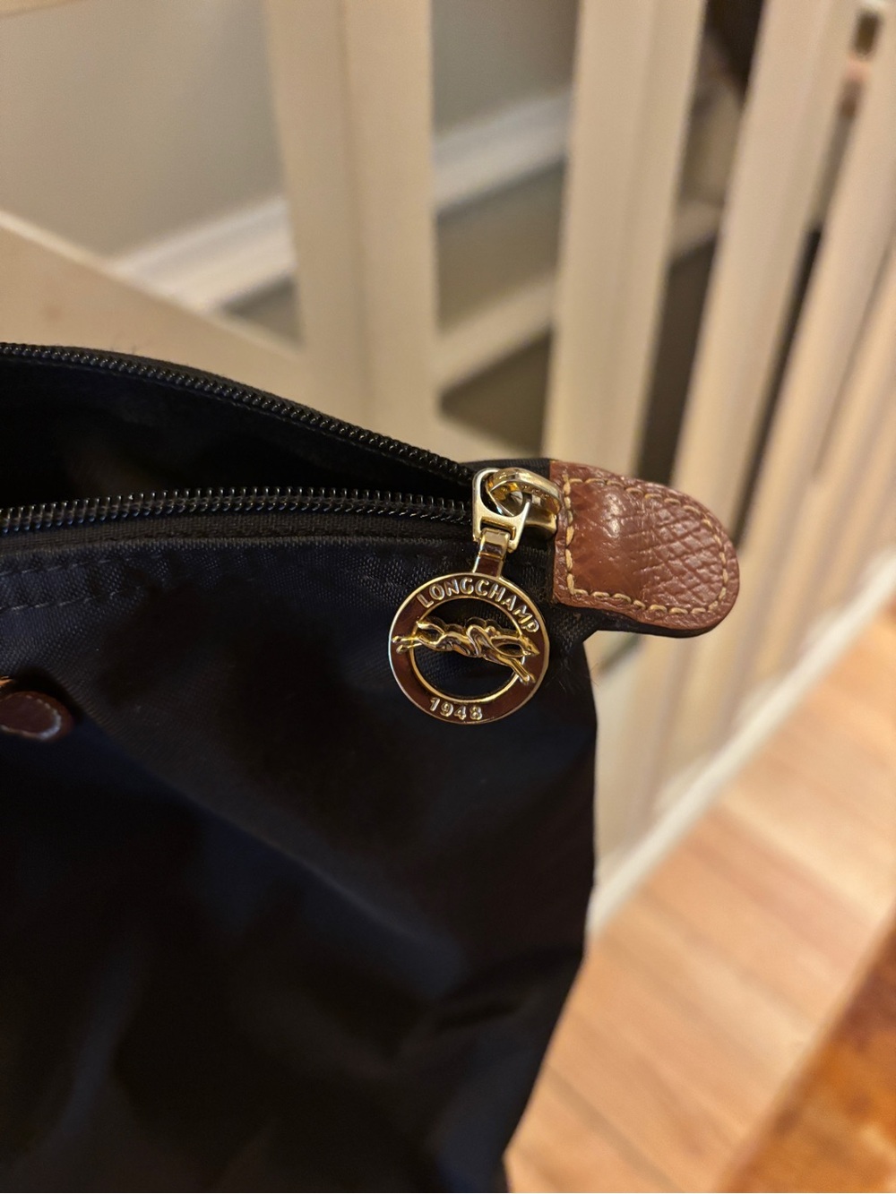 Longchamp Black Nylon Tote with Brown Leather Trim - Picture 4 of 6